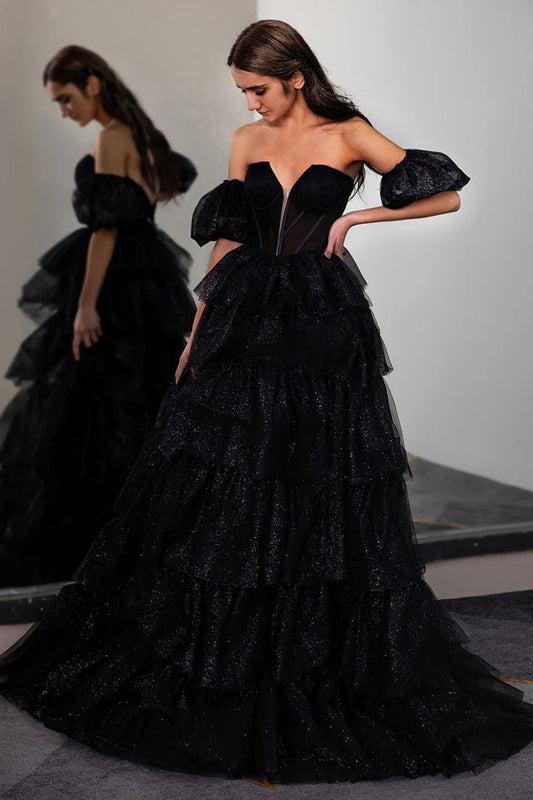 Black layered sleeveless floor length ball gown