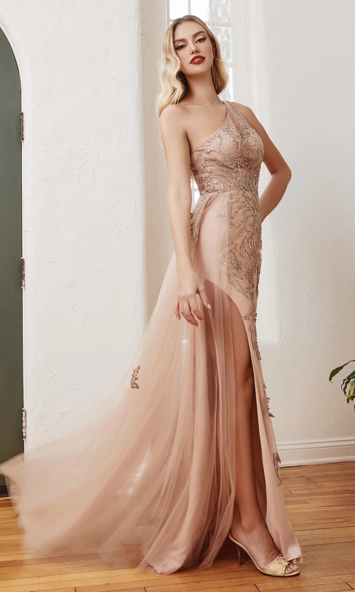 One-Shoulder Rose Gold Long Formal Gown