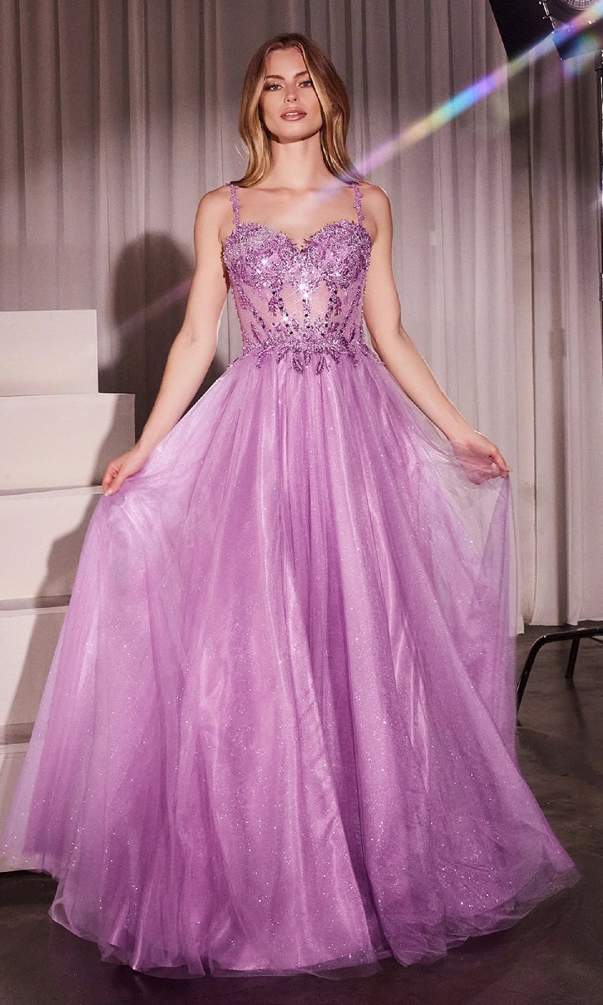 Glitter-Tulle Long Prom Dress