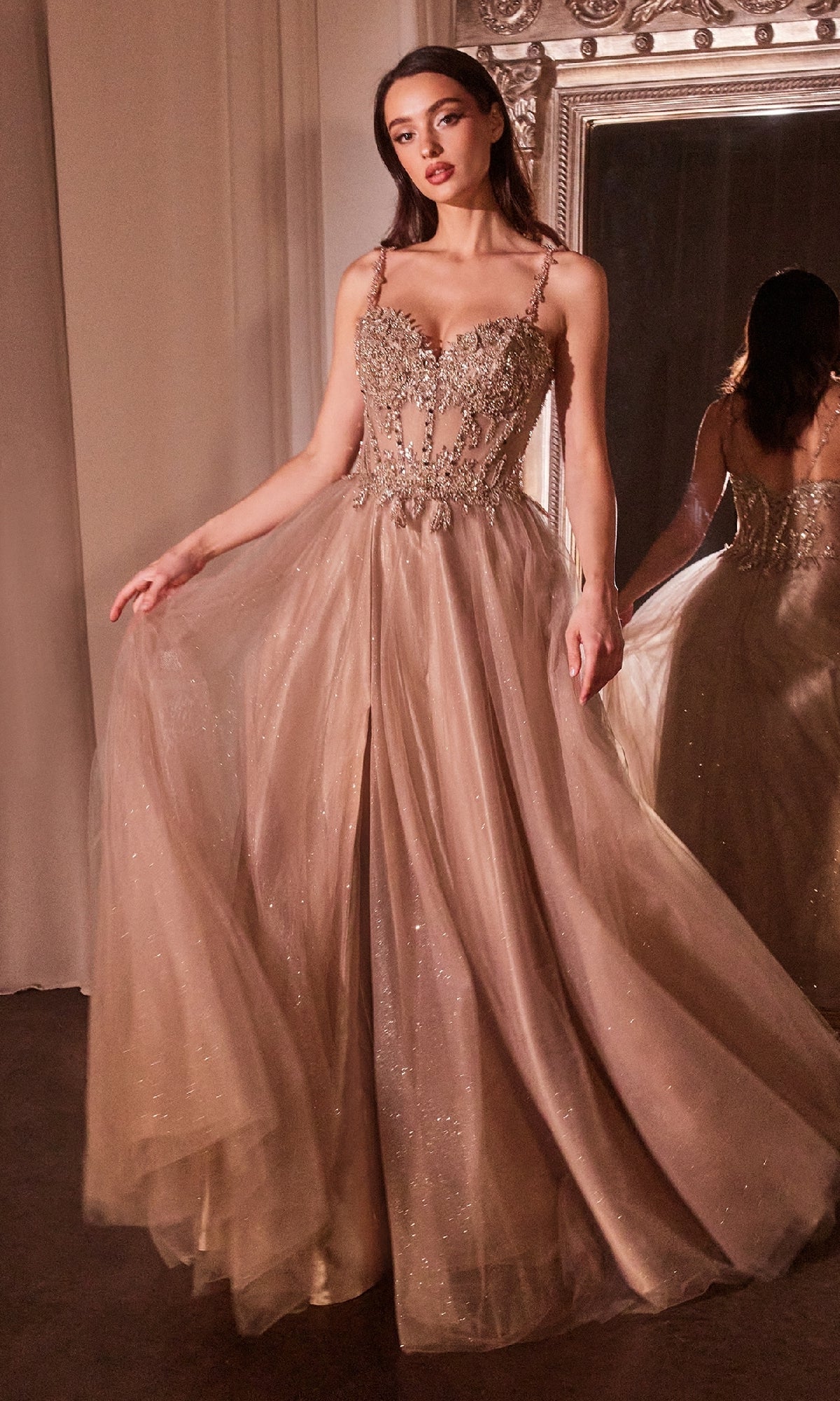 Glitter-Tulle Long Prom Dress