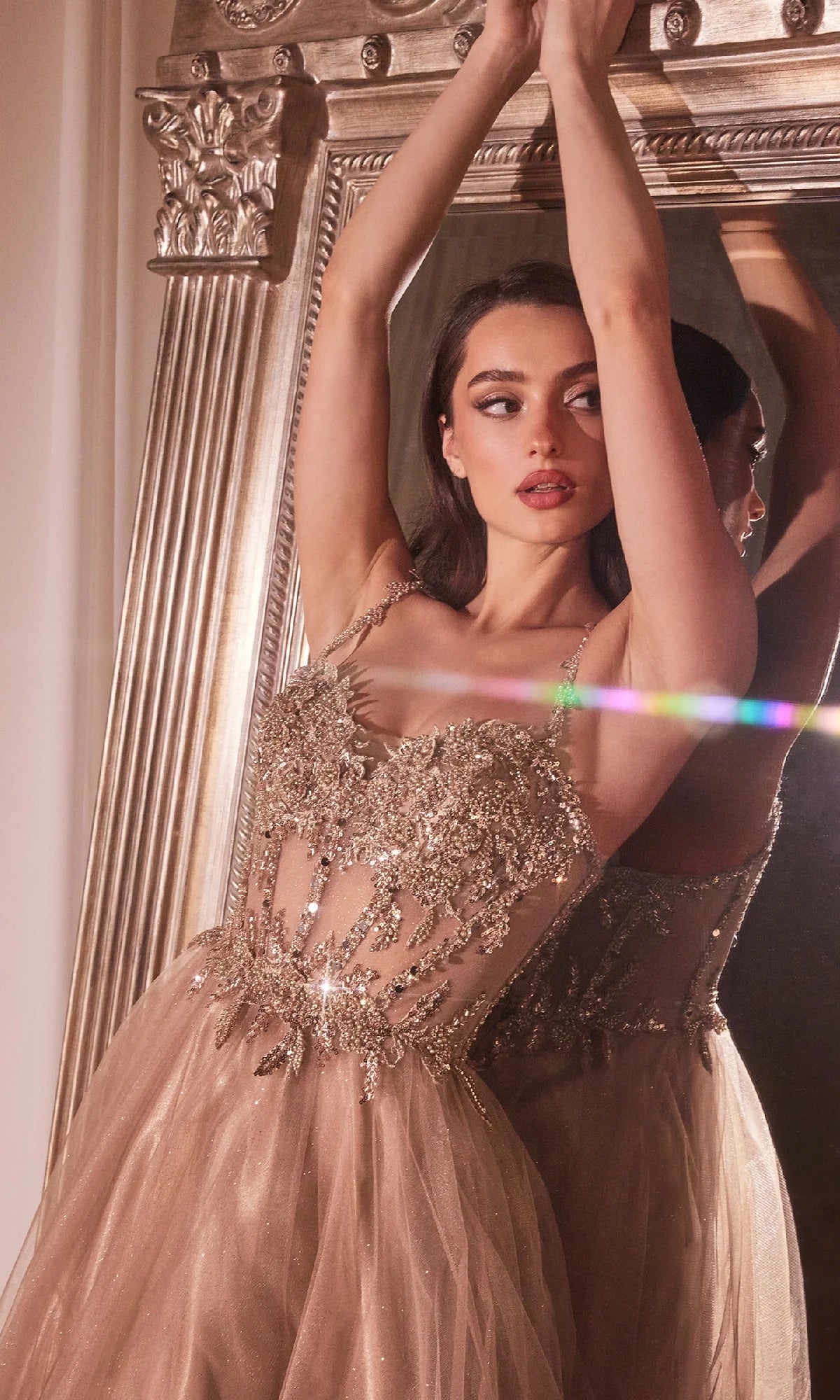 Glitter-Tulle Long Prom Dress