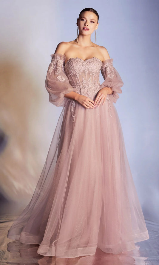 Strapless Puff-Sleeve Long Prom Dress