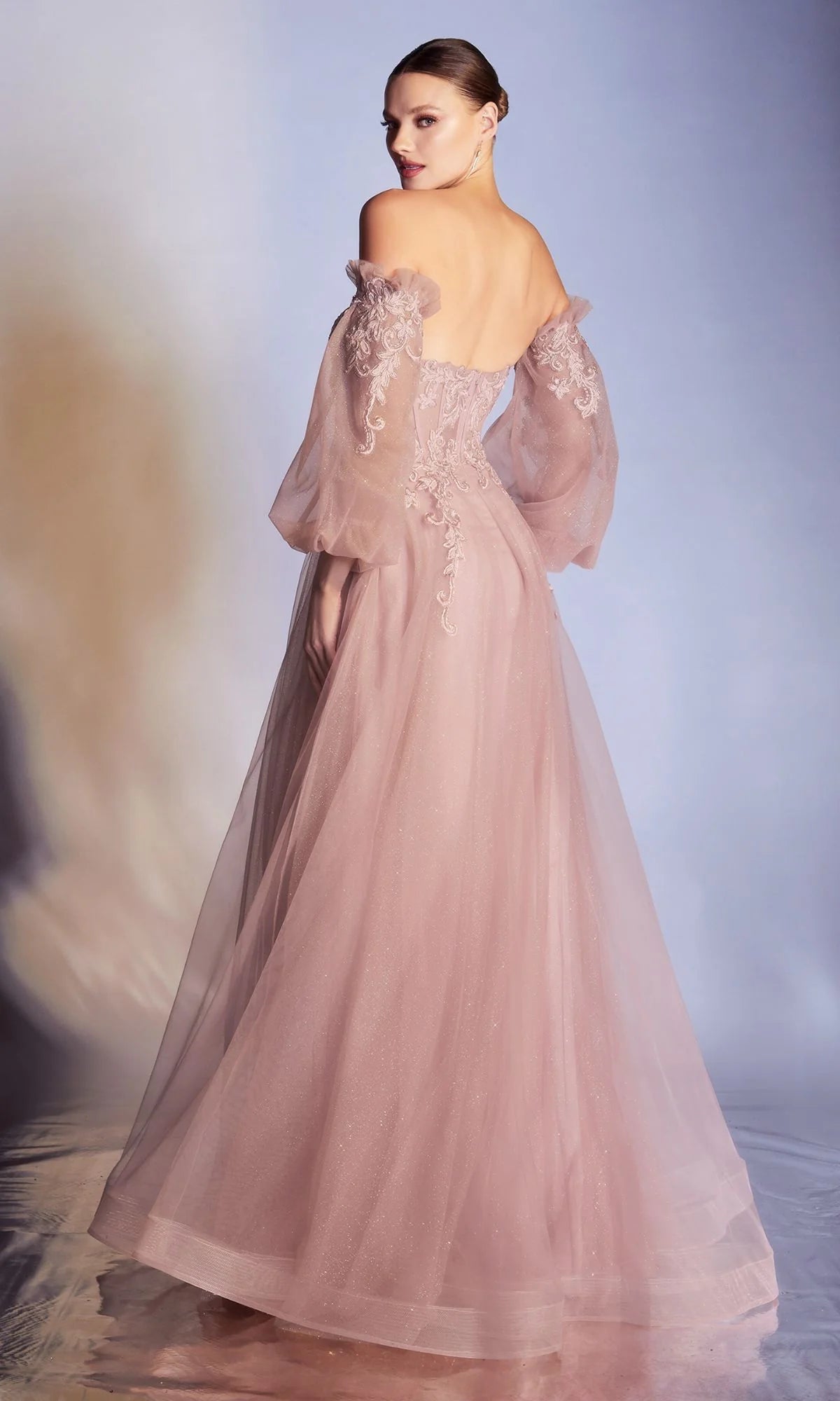 Strapless Puff-Sleeve Long Prom Dress