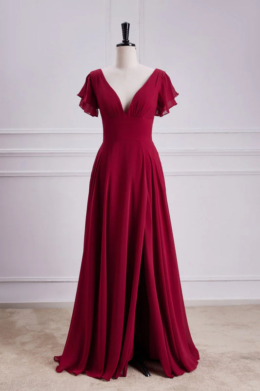Chic A-Line Deep V Neck Ruffle Sleeve Tie Back Floor Length Bridesmaid Dress