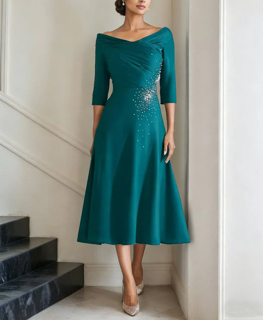 Chic A-Line Off Shoulder 3/4 Sleeve Beaded Satin Midi Length Mother of the Bride Dress