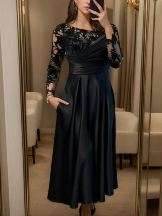 Chic A-Line Scoop Neck Beaded Lace Sleeve Satin Midi Length Mother of the Bride Dress