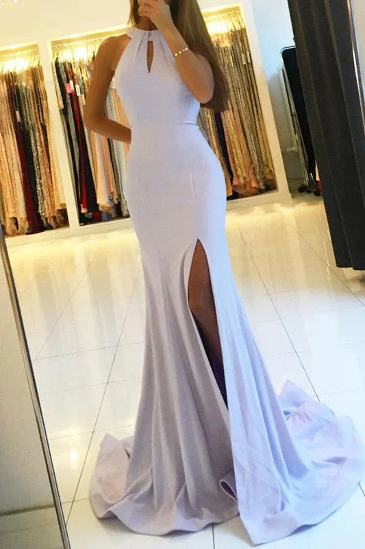 Chic Mermaid Halter Neck Sleeveless Keyhole Back High Slit Train Length Prom Dress