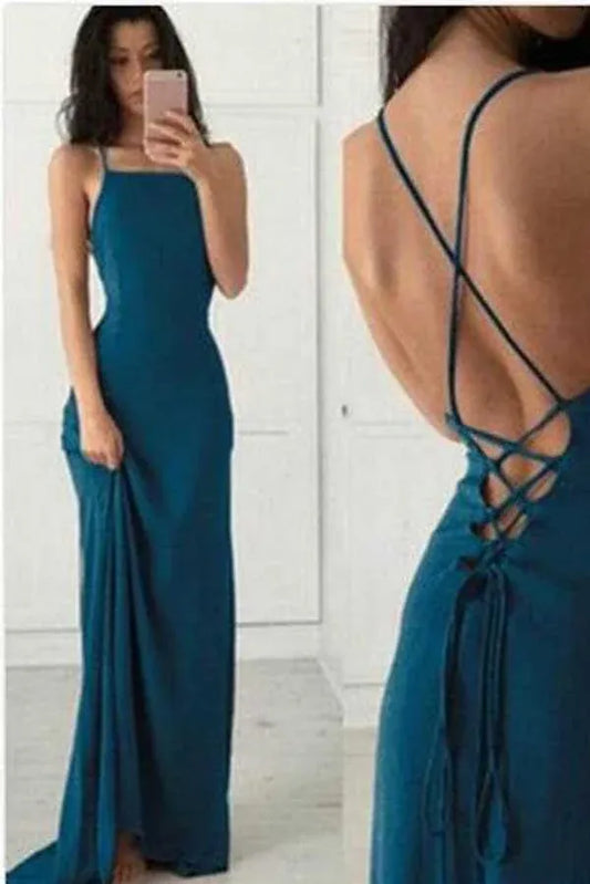 Chic Sheath Square Neck Spaghetti Strap Lace Up Back Train Length Prom Dress