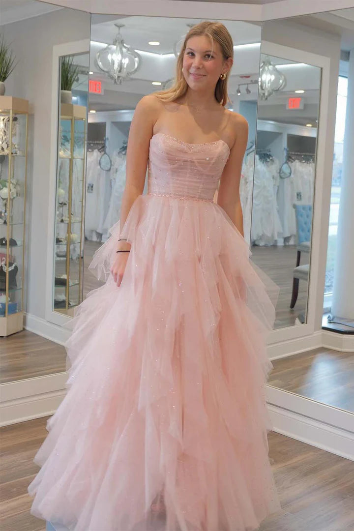 Cute light pink pleated back lace up prom dress with tight corset