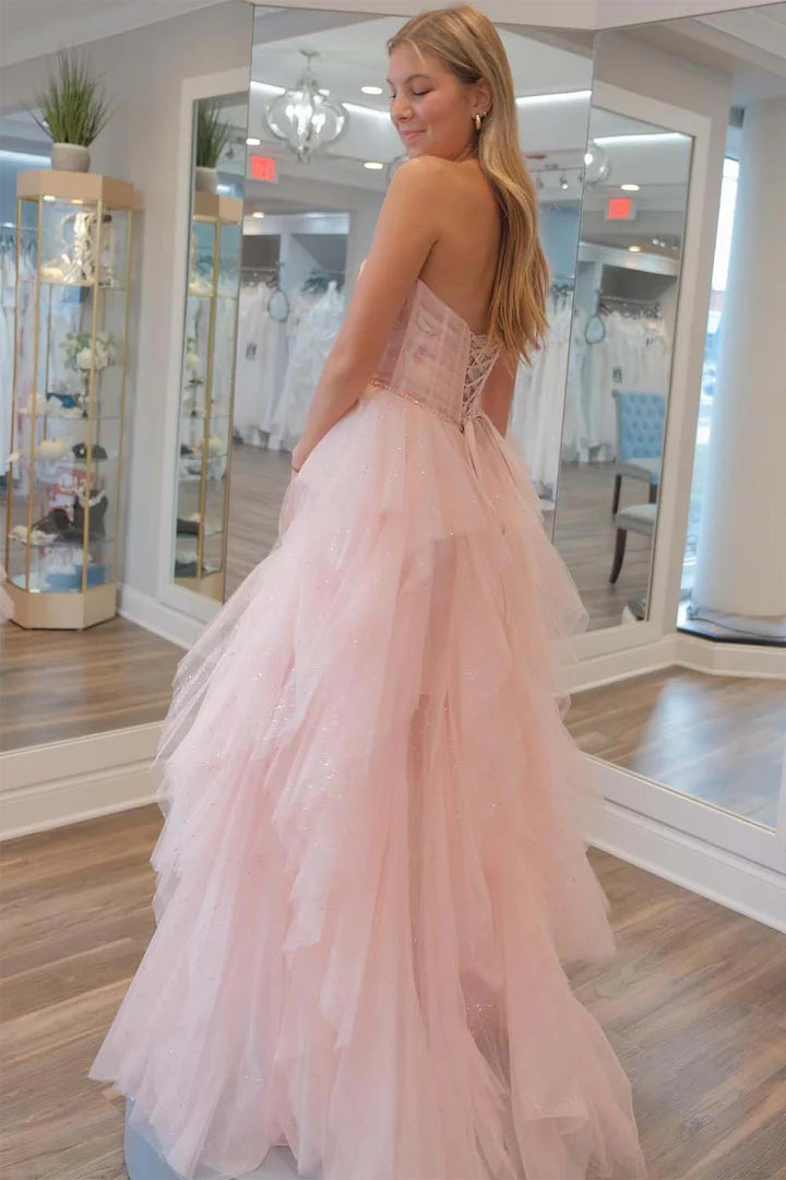 Cute light pink pleated back lace up prom dress with tight corset