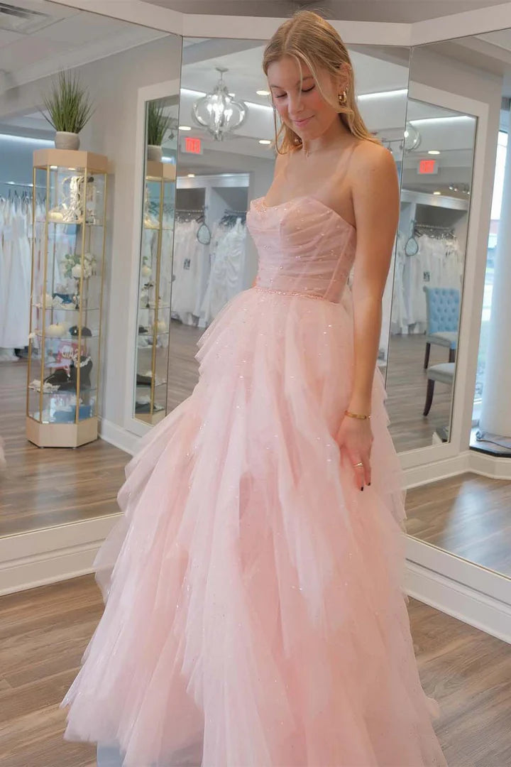 Cute light pink pleated back lace up prom dress with tight corset