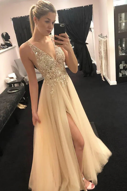 Dazzling A-Line Deep-V Spaghetti Strap Sequin High Slit Train Length Prom Dress