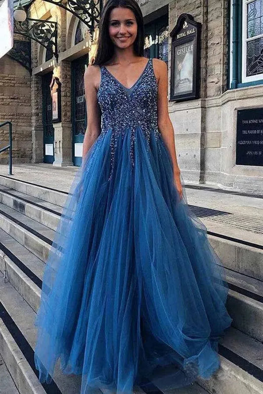 Dazzling Ballgown Deep-V Sleeveless Beaded Open Back Floor Length Prom Dress