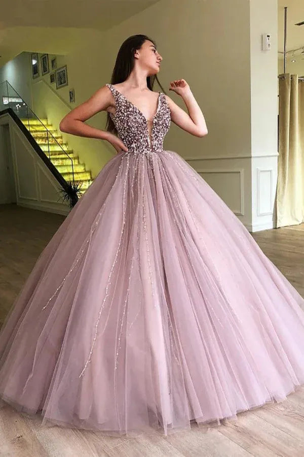 Dazzling Ballgown Deep-V Sleeveless Beaded Open Back Train Length Prom Dress