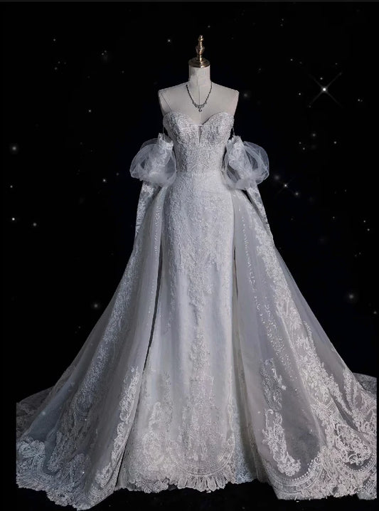 Dazzling Ballgown Sweetheart Puff-sleeve Lace-up-back Train-length Wedding Dress