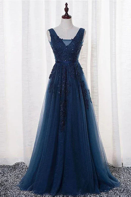 Elegant A-Line Deep V Sleeveless Lace Beaded Open Back Floor Length Prom Dress