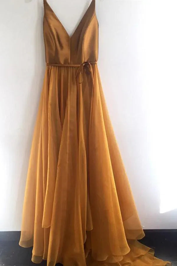 Elegant A-Line Deep-V Spaghetti Strap Sash Tie Train Length Prom Dress