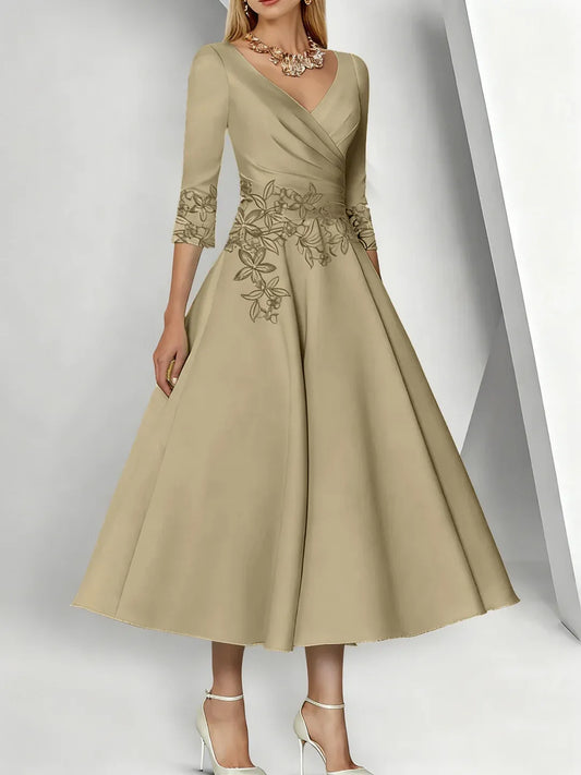 Elegant A-Line V Neck Embroidered Sleeve Satin Midi Length Mother of the Bride Dress