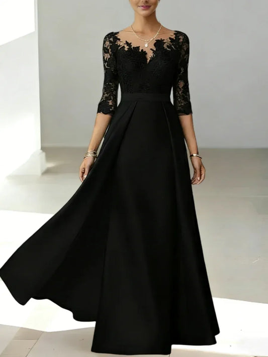 Elegant A-Line V-Neck Lace Overlay 3/4 Sleeve Satin Floor Length Mother of the Bride Dress