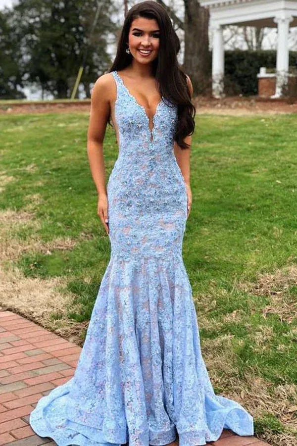 Elegant Mermaid Deep V Sleeveless Open Back Train Length Prom Dress