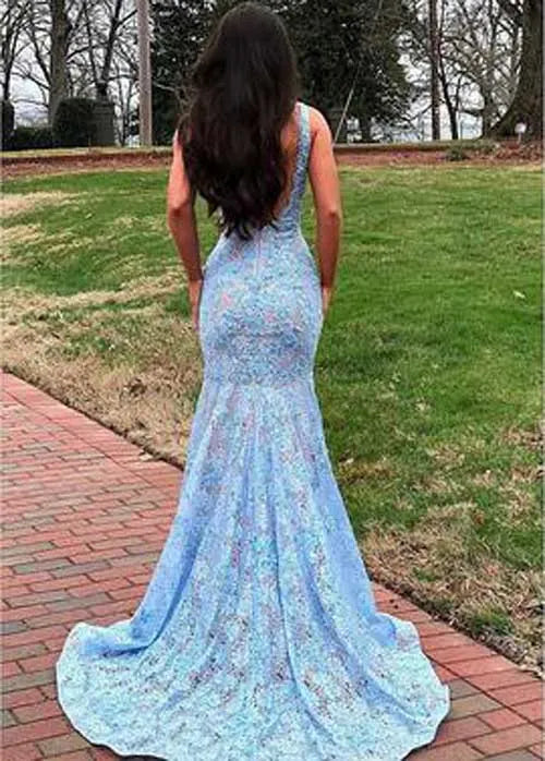 Elegant Mermaid Deep V Sleeveless Open Back Train Length Prom Dress
