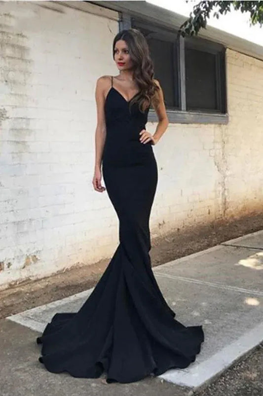 Elegant Mermaid Deep V Spaghetti Strap Lace Open Back Train Length Prom Dress