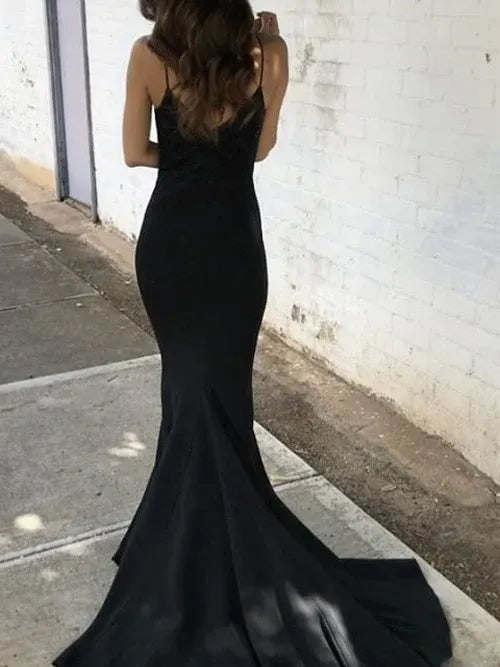 Elegant Mermaid Deep V Spaghetti Strap Lace Open Back Train Length Prom Dress