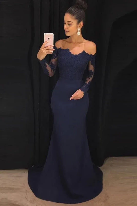 Elegant Mermaid Off Shoulder Long Sleeve Lace Train Length Prom Dress
