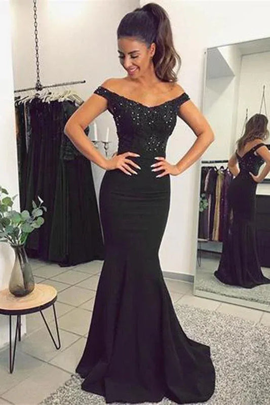Elegant Mermaid Off-Shoulder Short Sleeve Beaded Lace Train Length Prom Dress