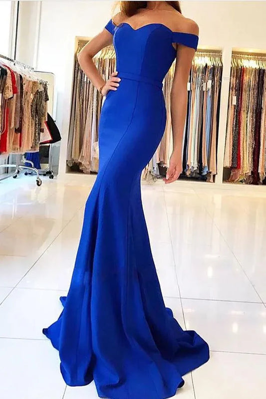 Elegant Mermaid Off Shoulder Short Sleeve Sweetheart Train Length Prom Dress