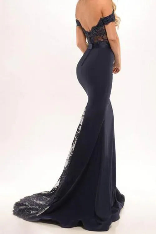 Elegant Mermaid Off-Shoulder Sleeveless Lace-Accent Train-Length Prom Dress