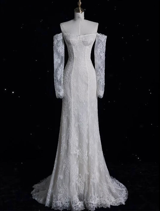 Elegant Mermaid Off the shoulder Lace long sleeve Keyhole back Train length Wedding Dress