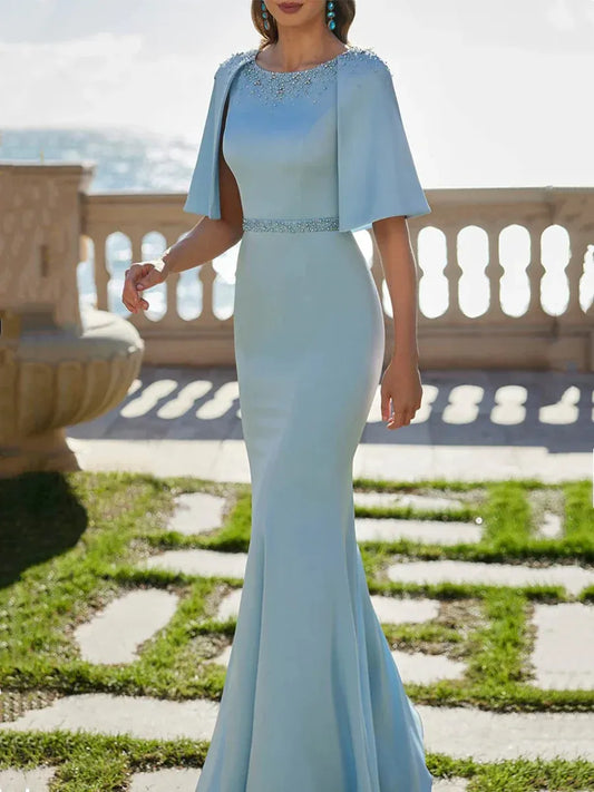 Elegant Mermaid Scoop Neck Cape Sleeve Beaded Satin Floor Length Mother of the Bride Dress