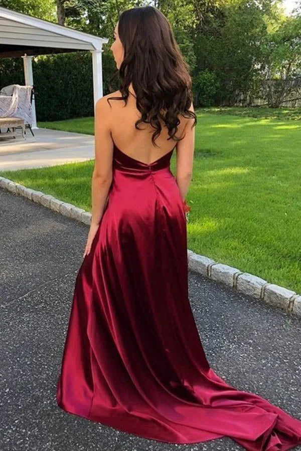 Elegant Sheath Halter Deep-V Open Back High Slit Train Length Prom Dress