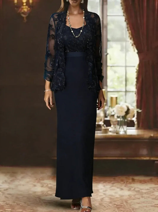 Elegant Two-Piece Sheath Scoop Neck Sequin Lace Sleeve Floor Length Mother of the Bride Dress