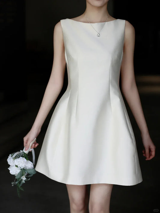 Elegant satin A-line boat-neck sleeveless mini wedding dress