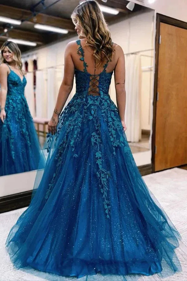 Enchanting A-Line Deep V Neck Sleeveless Lace Up Back Floor Length Prom Dress