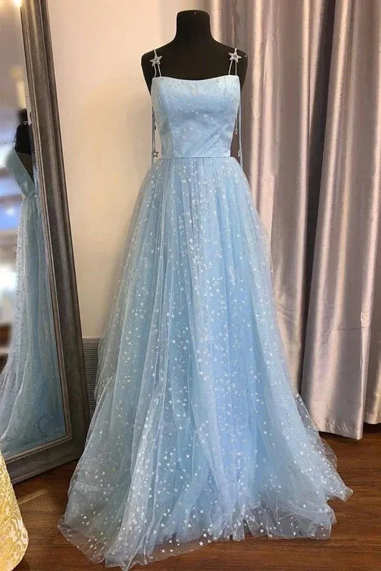 Enchanting A-Line Square Neck Sleeveless Star Detail Back Floor Length Prom Dress