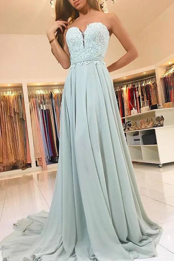 Ethereal A-Line Strapless Sweetheart Lace Open Back Train Length Prom Dress