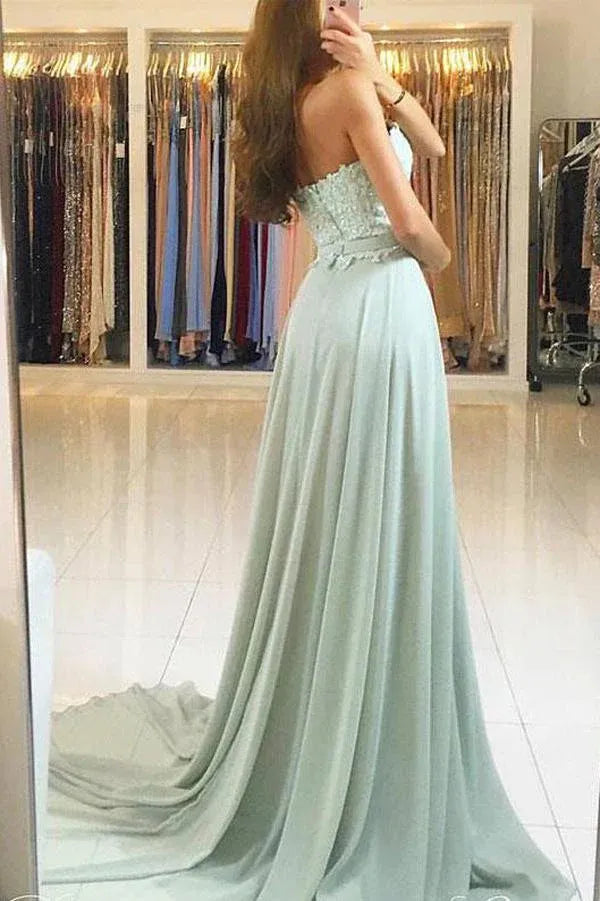 Ethereal A-Line Strapless Sweetheart Lace Open Back Train Length Prom Dress