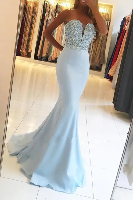 Ethereal Mermaid Strapless Sweetheart Beaded Train Length Prom Dress
