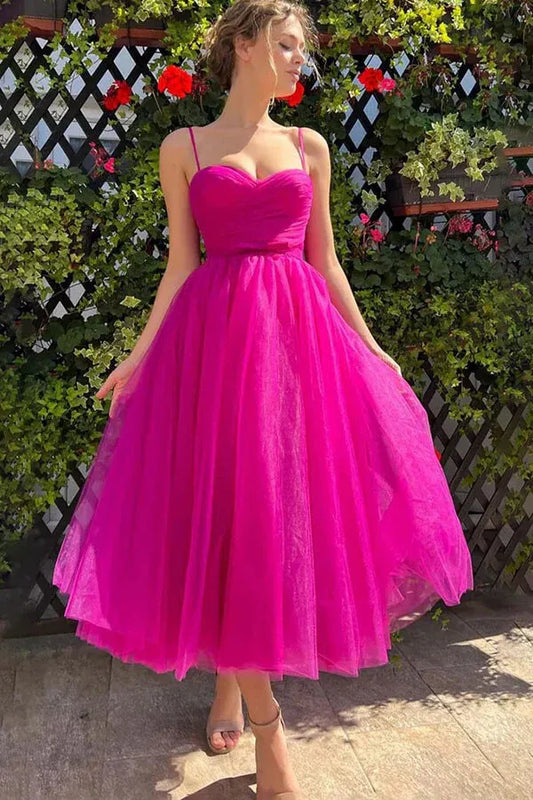 Fuchsia A-Line Sweetheart Spaghetti Strap Zipper Back Midi Homecoming Dress