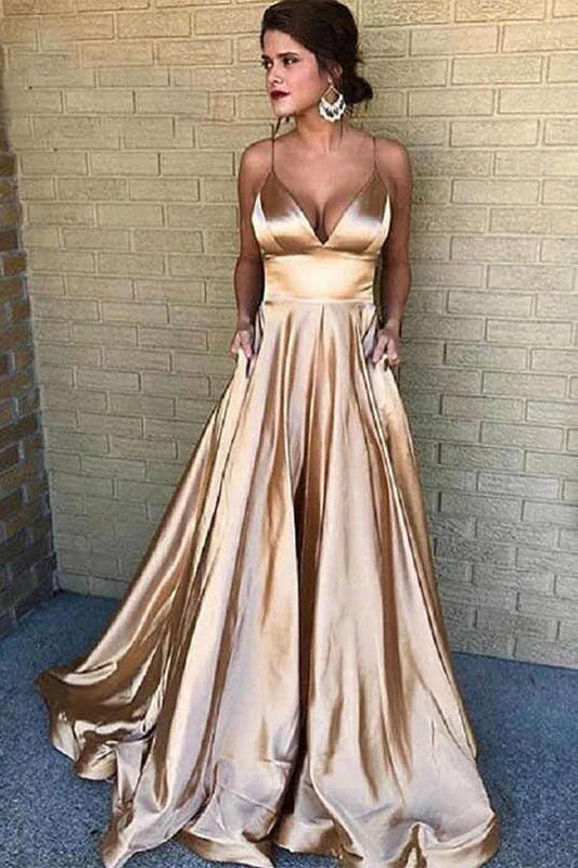 Glamorous A-Line Deep-V Spaghetti Strap Open Back Floor Length Prom Dress
