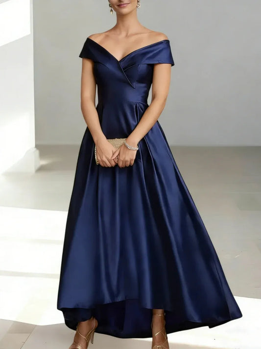 Glamorous Ballgown Off Shoulder Short Sleeve Satin High Low Floor Length Mother of the Bride Dress