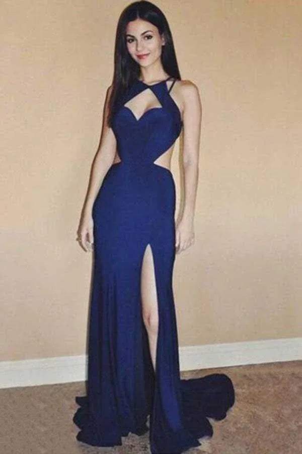 Glamorous Mermaid Halter Neck Sleeveless Cut Out Back High Slit Train Length Prom Dress