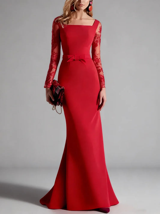 Glamorous Mermaid Square Neck Lace Sleeve Satin Floor Length Mother of the Bride Dress