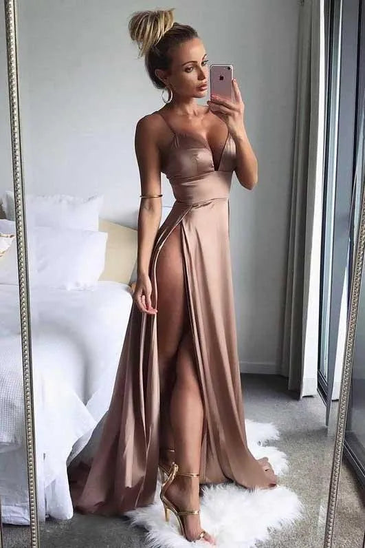 Glamorous Sheath Deep V Spaghetti Strap High Slit Train Length Prom Dress