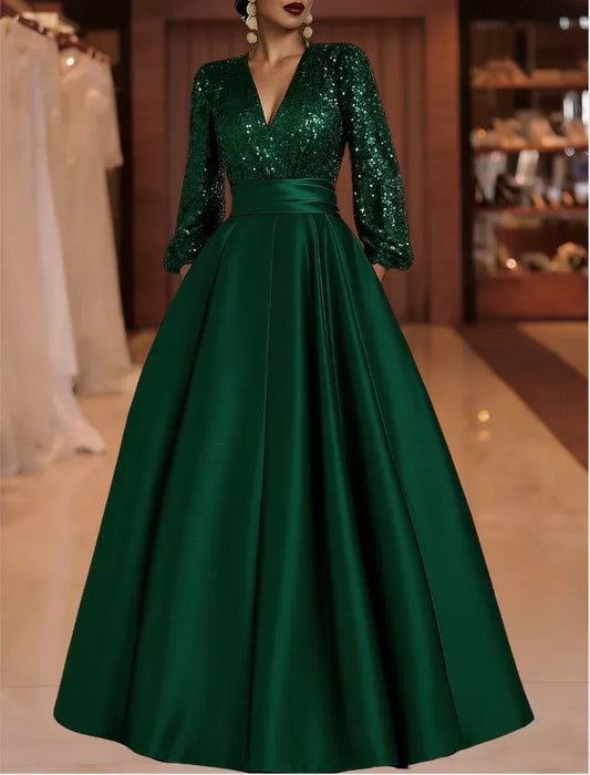 Glamorous Two Piece A-Line Deep V Sequin Long Sleeve Satin Floor Length Mother of the Bride Dress