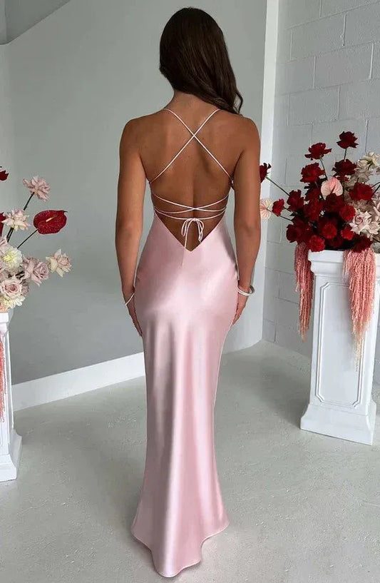 Glamorous satin V-neck lace-up open-back floor-length prom dress