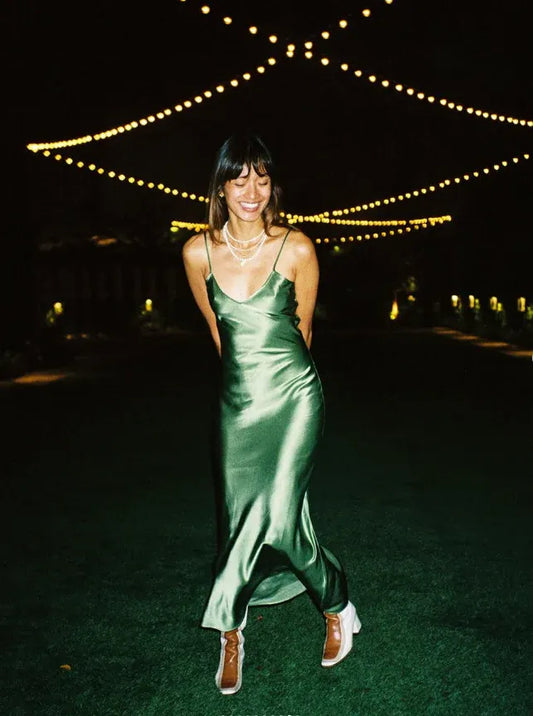 Glamorous satin V-neck spaghetti-strap floor-length slip dress